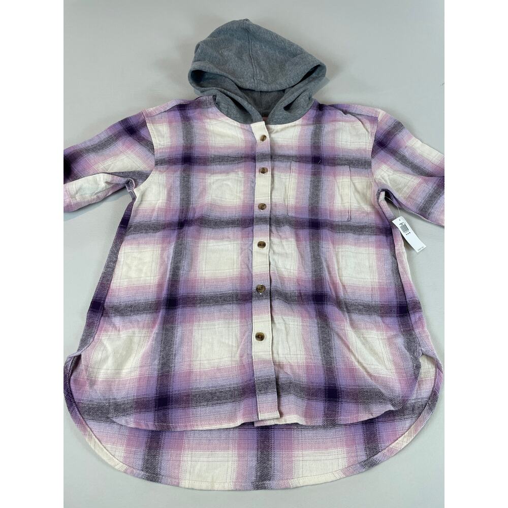 Old Navy Plaid Hooded Flannel Button Up Shirt XL Purple Gray Cotton NWT - Picture 3 of 7